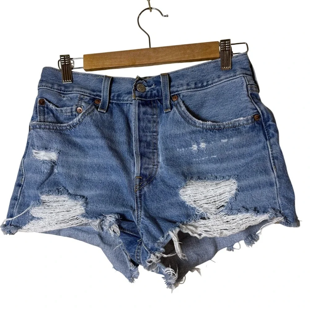 Levi's Women 501 Original Shorts 26 Blue Distressed High Rise Raw Hem Festival